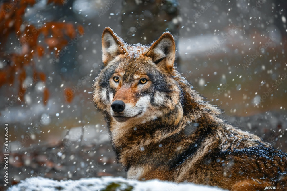 Grey wolf in the forest during a snowfall,  Wild animal