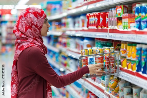Middle eastern woman in turban shopping for groceries, promoting diversity and healthy lifestyle photo
