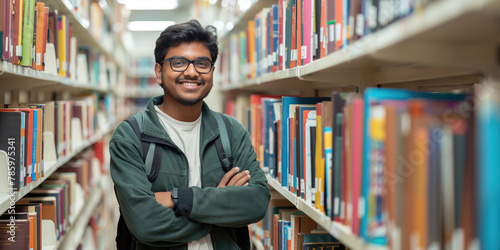 Indian male student smiling at camera in library