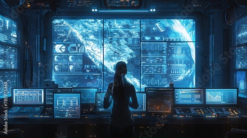 a futuristic command center with a woman in a business suit at the forefront, holding a tablet
