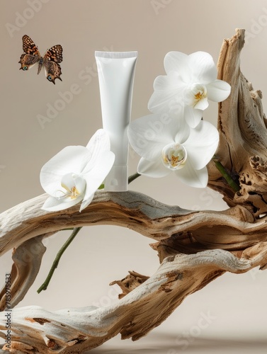 A white tube of makeup sits on a log with a few white flowers
