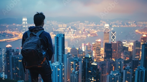 A traveler marveling at the view of a bustling city skyline.