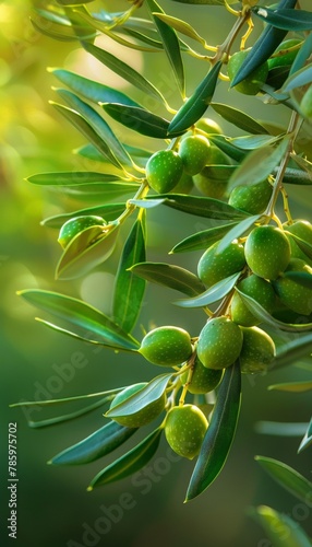 Close up of green olives on olive tree branch in spain on a sunny day, showcasing fresh olive fruits