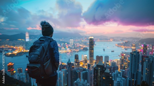 A traveler marveling at the view of a bustling city skyline. 