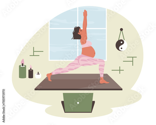 Yoga at home. Pregnant woman doing yoga on laptop. Yoga trainer online. Future mother doing exercises, meditation, pilates in room. Healthy lifestyle, bodycare, care for future child. Vector