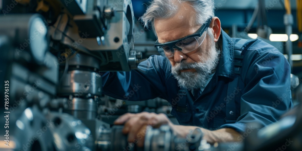 A man in a blue shirt is working on a machine A man in a blue shirt is working on a machine