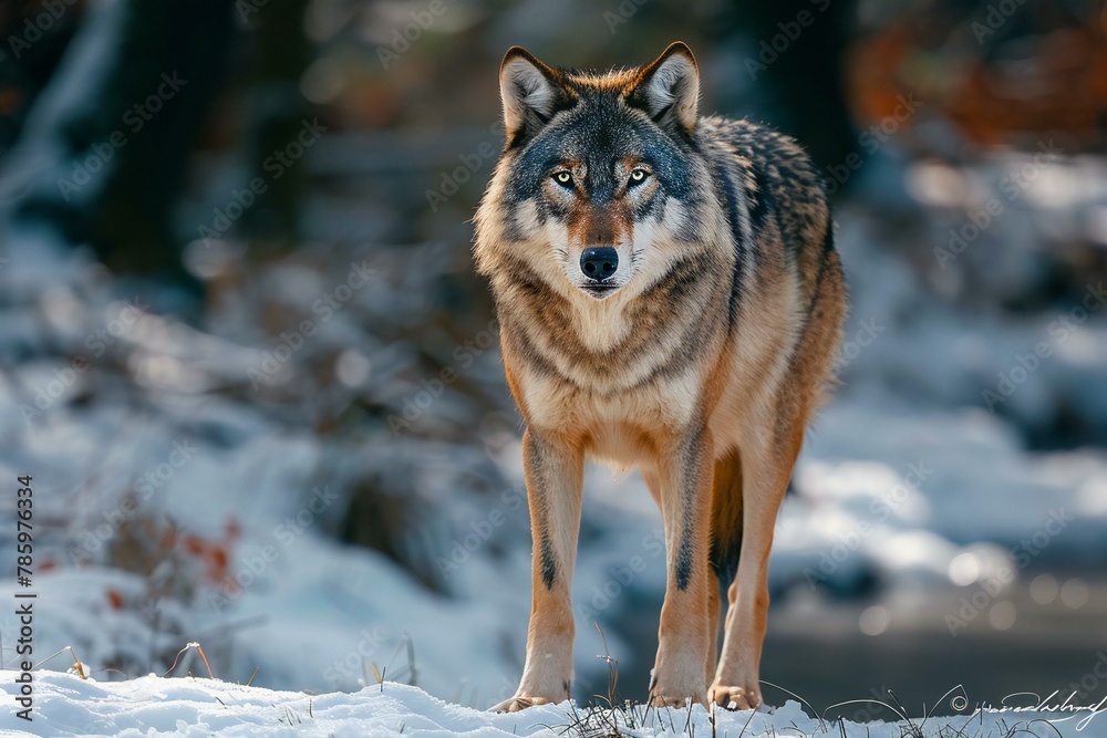 Grey wolf in winter forest,  Animal in nature habitat,  Wildlife scene