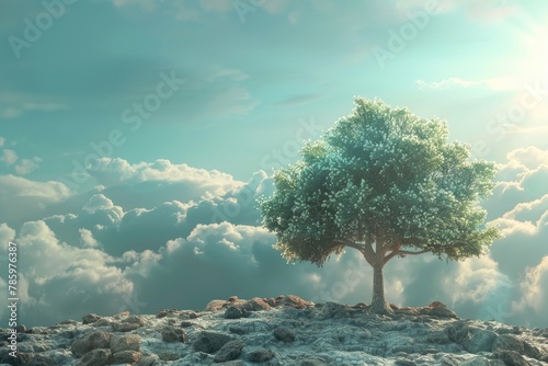 Beautiful green tree on the rock with blue sky and clouds background