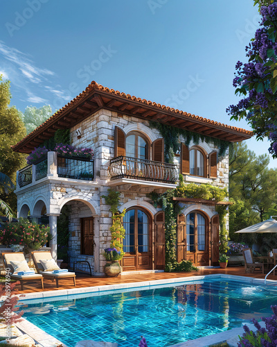 luxurious Mediterranean villa adorned with lush greenery  boasting a private swimming pool that reflects the clear blue sky