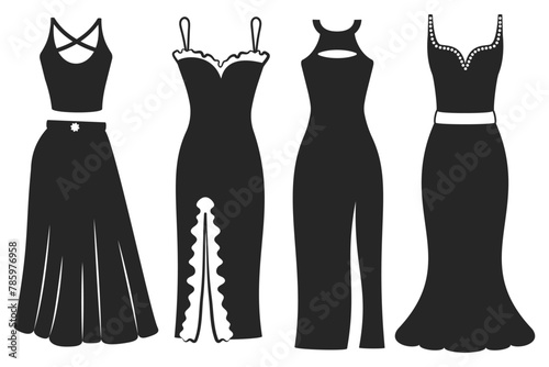Set of black dress silhouette isolated. Classic luxury wear with jewelry. Elegant evening gown for glamorous evening and cocktail party. Modern design. Flat vector illustration