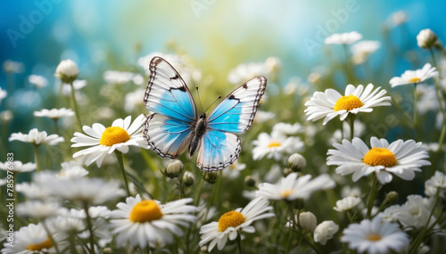 Summer meadow Background with white daisy flowers and butterfly spring garden floral beauty blossom © Mystery