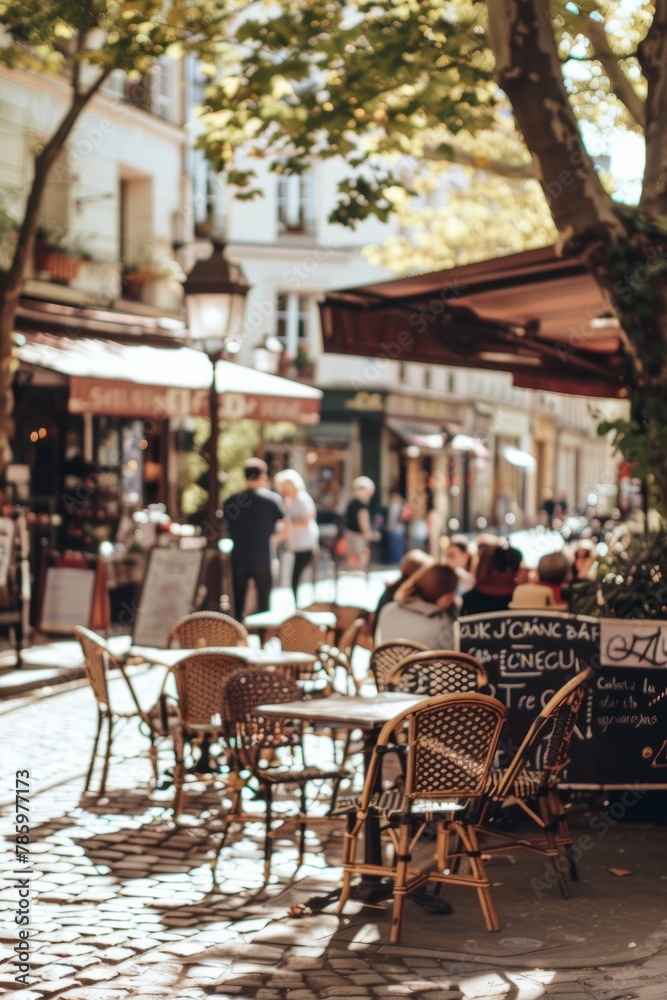 A charming sidewalk café in a European city square, with wrought iron bistro chairs, cobblestone streets, and lively street performers, Generative AI
