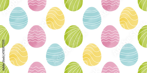 Cute illustration with colorful Easter eggs with watercolor texture, spring banner