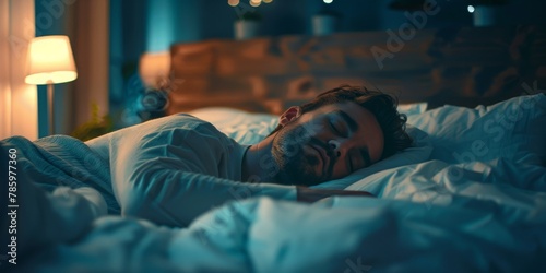 A man is sleeping on a bed with a white blanket