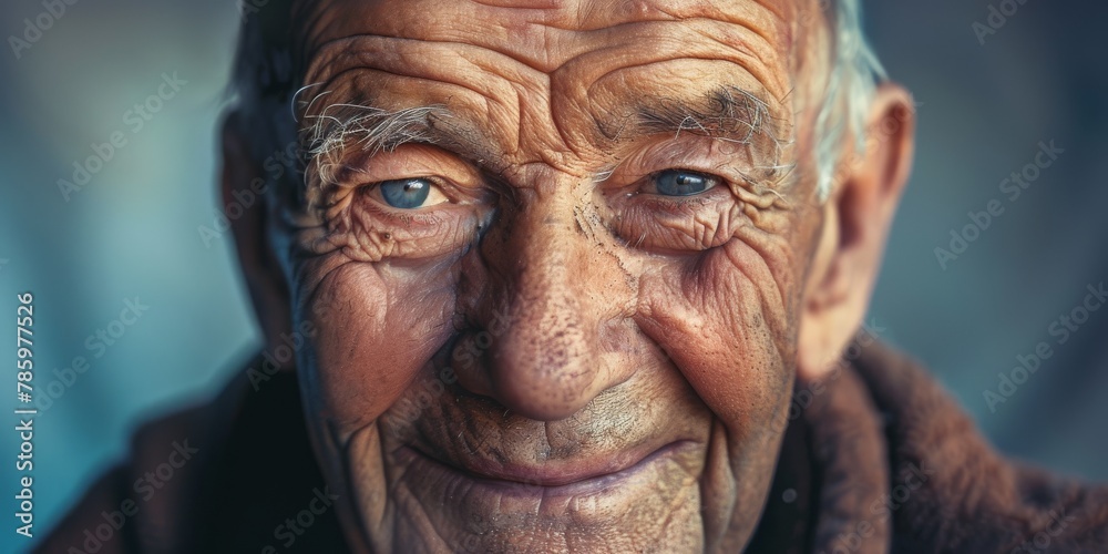 An old man with a beard and wrinkles on his face is smiling