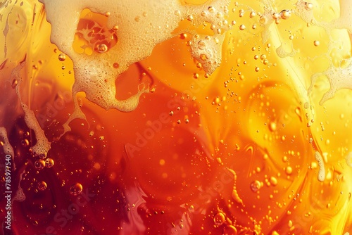 Abstract orange and yellow liquid background with bubbles and waves, macro
