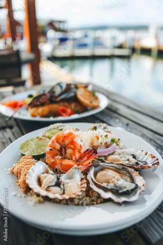 A coastal seafood café with dockside seating, serving up fresh catch-of-the-day dishes and seafood specialties with waterfront views, Generative AI