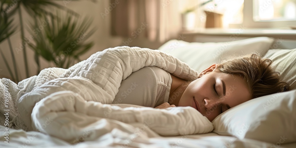 A woman is sleeping on a bed with a white blanket A woman is sleeping on a bed with a white blanket