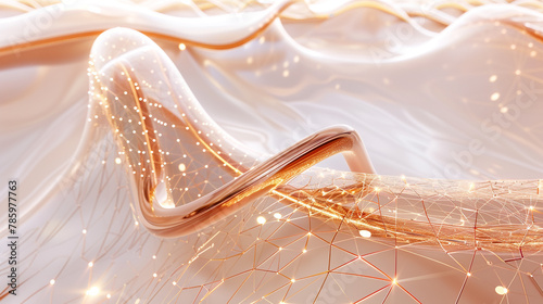 Radiant 3D rose gold S-band meanders amidst gold filaments in a white expanse.