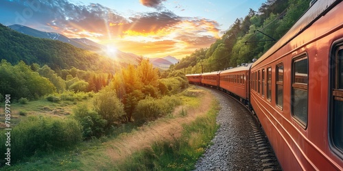 The train is surrounded by trees and the landscape is serene and peaceful