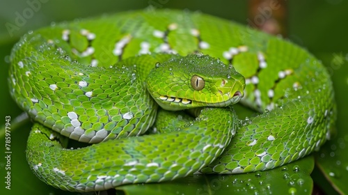 Detailed view of a vibrant green snake slithering through the lush jungle foliage