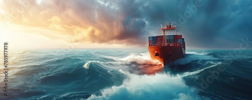 Container ship sailing in ocean.  Cargo ship oncept. banner photo