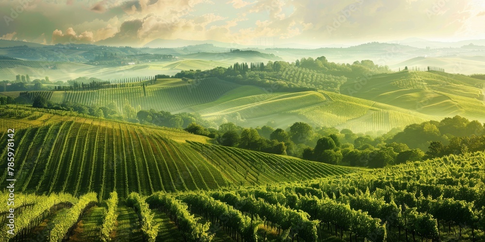 A beautiful vineyard with a large house in the background