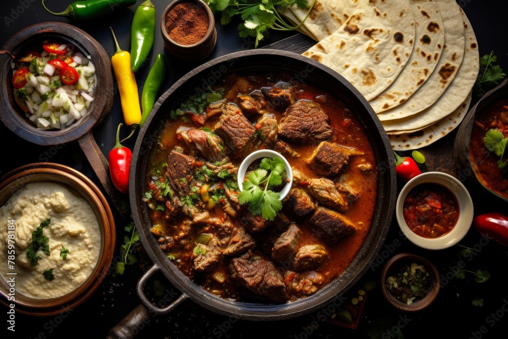 Overhead shot of a traditional Mexican molcajete, filled with a bubbling hot stew of tender meats, cactus, and flavorful spices, served with warm tortillas for dipping
Overhead shot of a traditional Mexican molcajete, filled with a bubbling hot stew of tender meats, cactus, and flavorful spices, served with warm tortillas for dipping