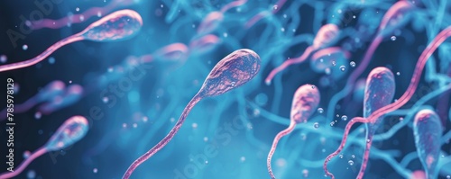 Sperms assesses test. DNA fragmentation sperm closing in on egg. banner. photo