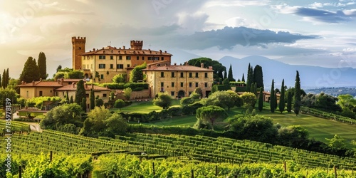 A beautiful vineyard with a large house in the background