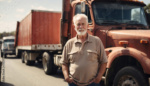 An older truck driver man standing next to trucks