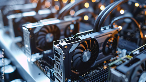 Video cards installed in mining rig. Cryptocurrency mining concept photo