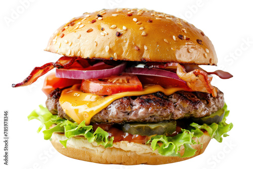 Delicious burger containing cheese, bacon, onion, cucumbers, tomatoes and lettuce,
.isolated on white background