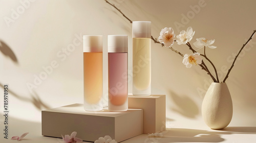 Cosmetic Bottles and Flowers on Beige Silk Background