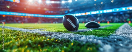 Sports betting concept. Rugby ball on football stadium. copy space for text photo