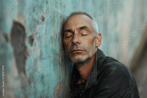 Portrait of an old man leaning against a wall with his eyes closed photo