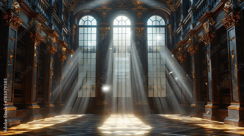Ancient library, rays of light through windows, wide shot, metaphor for illumination, warm tones, dust motes dancing