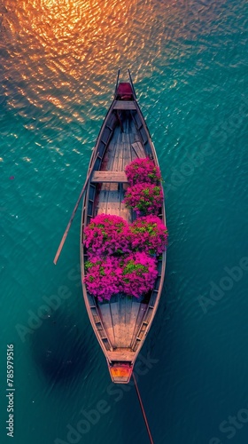 Ariel view, a old boat with flowers navigating above two color of waters.