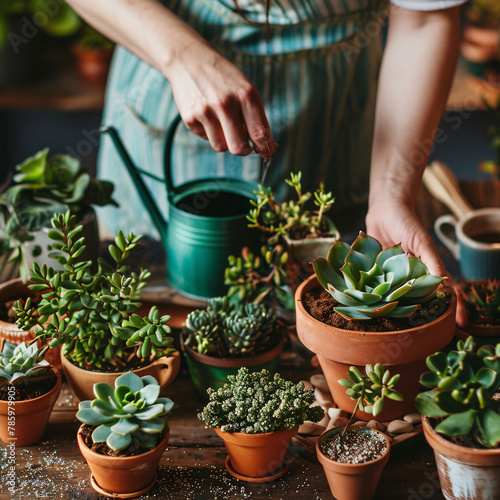 a gardener’s hands meticulously arranging a selection of succulent plants, with their thick, fleshy leaves, into terracotta pots on a rustic wooden table scattered with soil