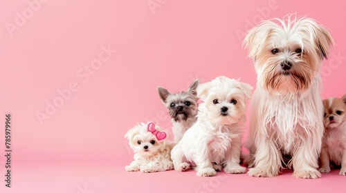 Various pets at veterinarian clinic on soft colored backdrop with space for text