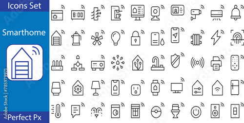 Simple Set of Smart House Related Vector Line Icons. Contains such Icons as Fan Control, Camera, Light Settings, Humidity and more photo