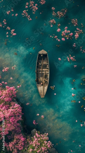 Ariel view, a old boat with flowers navigating above two color of waters.