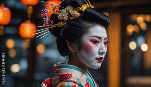 Geisha woman in kimono, graceful performances in Kyoto's historic district photo