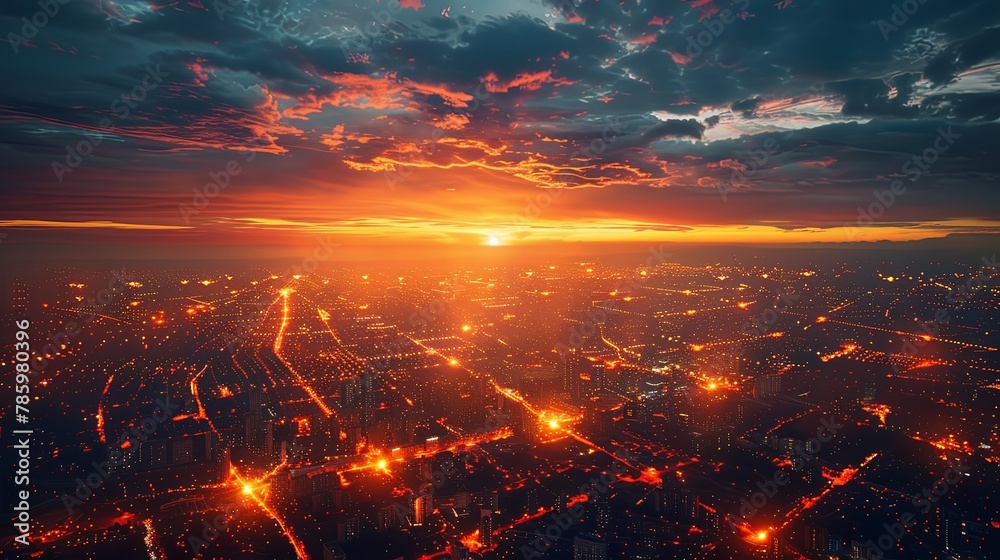 Nigh cityscape from above with skyscrapers and building connected with digital light grid