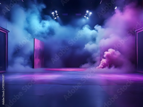  Empty dark stage show with blue, purple, pink background, neon light, spotlights, the floor and studio room with smoke for display products. Generative AI 