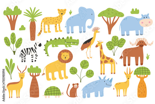 Set of safari animals. Jungle animals collection. African animals. Vector illustration. Flat style. photo