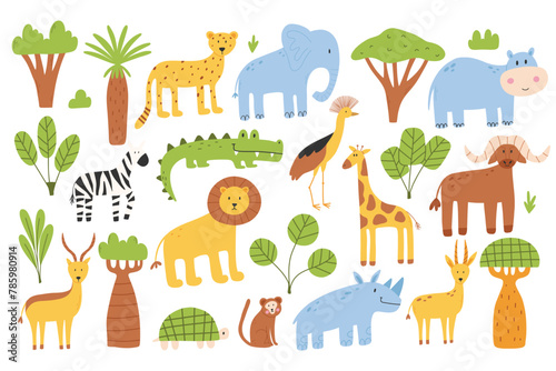 Set of safari animals. Jungle animals collection. African animals. Vector illustration. Flat style.