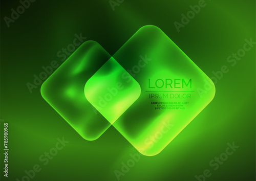 Two neon green squares are illuminated in the darkness against an electric blue background, creating a striking contrast. The geometric pattern symbolizes growth and harmony in nature