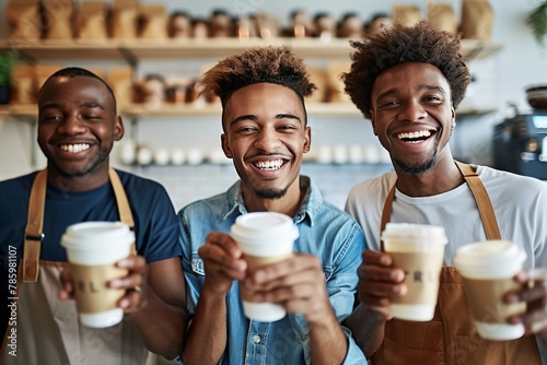 Business professionals enjoying a coffee break and bonding in a sleek and modern office environment photo