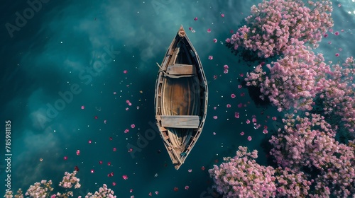 ariel view of a lone rustic boat in the hot and cold water, flowers blooms inside the boat.